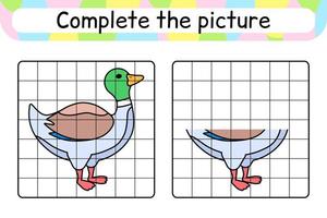 slutföra bilden anka. kopiera bilden och färgen. avsluta bilden. målarbok. pedagogiskt ritövningsspel för barn vektor