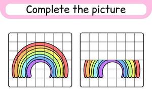 Vervollständigen Sie das Bild Regenbogen. Kopieren Sie das Bild und die Farbe. beende das Bild. Malbuch. pädagogisches Zeichenübungsspiel für Kinder vektor