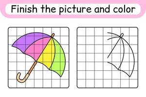 vervollständigen das bild regenschirm. Kopieren Sie das Bild und die Farbe. beende das Bild. Malbuch. pädagogisches Zeichenübungsspiel für Kinder vektor