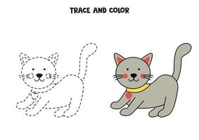 spår och färg söt grå katt. arbetsblad för barn. vektor
