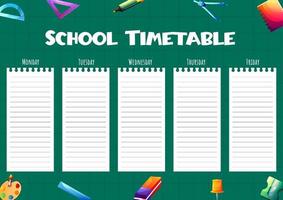 Schulzeitplanvorlage für Kinder mit Wochentagen und Cartoon-Schulmaterial im Hintergrund. Wochenplaner. Entwurfsvorlage für den Zeitplan. vektor