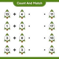 zähle und kombiniere, zähle die Anzahl der Weihnachtsbäume und kombiniere sie mit den richtigen Zahlen. pädagogisches kinderspiel, druckbares arbeitsblatt, vektorillustration vektor