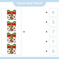 räkna och matcha, räkna antalet presentförpackningar och matcha med rätt siffror. pedagogiskt barnspel, utskrivbart kalkylblad, vektorillustration vektor