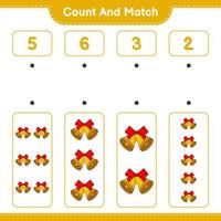 räkna och matcha, räkna antalet julklockor och matcha med rätt siffror. pedagogiskt barnspel, utskrivbart kalkylblad, vektorillustration vektor