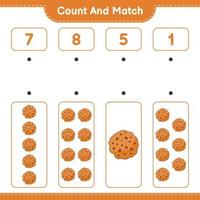 räkna och matcha, räkna antalet kakor och matcha med rätt siffror. pedagogiskt barnspel, utskrivbart kalkylblad, vektorillustration vektor