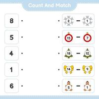 räkna och matcha, räkna antalet snöflinga, band, träd, julkula, pepparkaksgubbe och matcha med rätt siffror. pedagogiskt barnspel, utskrivbart kalkylblad, vektorillustration vektor