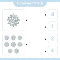zähle und kombiniere, zähle die Anzahl der Schneeflocken und kombiniere sie mit den richtigen Zahlen. pädagogisches kinderspiel, druckbares arbeitsblatt, vektorillustration vektor