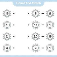 zähle und kombiniere, zähle die Anzahl der Schneeflocken und kombiniere sie mit den richtigen Zahlen. pädagogisches kinderspiel, druckbares arbeitsblatt, vektorillustration vektor