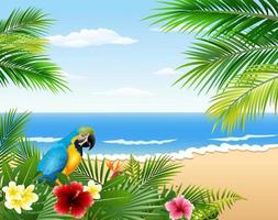 kort med tropisk strand, tropiska växter och papegoja vektor
