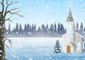 winterlandschaft mit kirche, weihnachtsnachthintergrund vektor