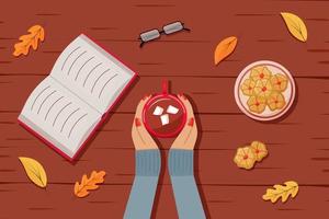 Herbst flacher Hintergrund, weibliche Hände, die eine Tasse heiße Schokolade, Kekse, Gläser und ein Buch halten. gemütliches herbstkonzept. Vektor-Illustration vektor