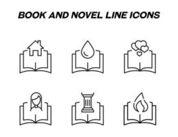 bok, läsning, utbildning och roman koncept. vektor tecken i platt stil. uppsättning linjeikoner av hus, droppe, hjärta, kvinna, kolumn, eld ovanför öppnad bok
