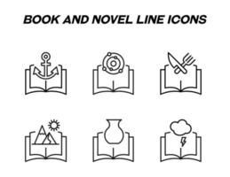 bok, läsning, utbildning och roman koncept. vektor tecken i platt stil. uppsättning linjeikoner av ankare, satelliter, banor, kniv, gaffel, berg, vas, blixtar över böcker