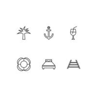 Umrisssymbol im modernen flachen Stil, geeignet für Werbung, Bücher, Geschäfte. Liniensymbol mit Symbolen für Palme, Anker, Cocktail, Schwimmweste, Schiene, Bett vektor
