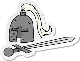 klistermärke tecknad doodle av en medeltida hjälm och svärd vektor