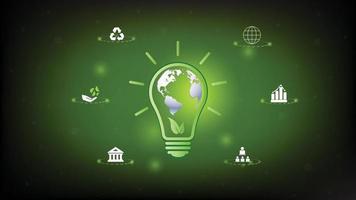 Welt nachhaltige Umwelt Glühbirne Konzeptdesign. grüne Erde für Umwelt, Soziales und Governance esg. Lösen von Umwelt-, Sozial- und Managementproblemen mit Figurensymbolen.