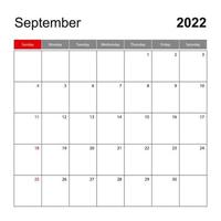 väggkalendermall för september 2022. semester- och evenemangsplanerare, veckan börjar på söndag. vektor