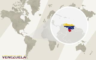 zooma på Venezuelas karta och flagga. världskarta. vektor