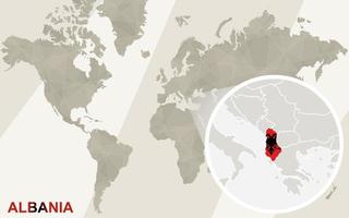 zoom auf albanien karte und flagge. Weltkarte. vektor
