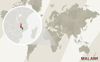 zoom auf malawi karte und flagge. Weltkarte. vektor