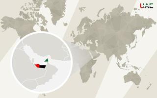 zoomen sie auf die karte und die flagge der vereinigten arabischen emirate. Weltkarte. vektor