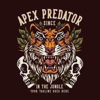 T-Shirt-Design Apex Predator seit im Dschungel mit Tigerkopf und Schädel mit dunkelbrauner Hintergrund-Vintage-Illustration