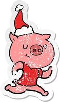 glücklicher beunruhigter Aufkleber-Cartoon eines Schweins, das mit Weihnachtsmütze läuft vektor