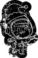 Fröhliche Cartoon-Distressed-Ikone eines Astronauten mit Weihnachtsmütze vektor