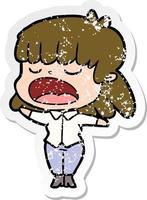 Distressed Sticker einer Cartoon-Frau, die laut spricht vektor