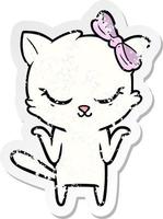 bedrövad klistermärke av en söt tecknad katt med rosett vektor
