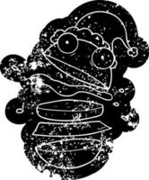 Cartoon verzweifelte Ikone eines erstaunlichen Burgers mit Weihnachtsmütze vektor