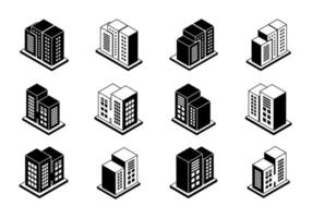 perspektiv företag ikoner och svart vektor byggnader set, isolerade kontor samling på vit bakgrund