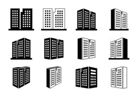 Firmengebäude-Symbol auf weißem Hintergrund, perspektivische Bankvektorsammlung, Hotel-Eigentumswohnung mit schwarzer Linie