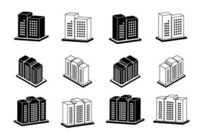 Icon Company Vector Set, moderne 3D-Gebäudesammlung auf weißem Hintergrund, perspektivische Bank und Büroillustration