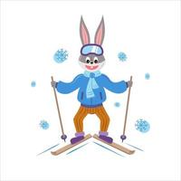 Hase reitet auf Skiern. kaninchen - das symbol des jahres 2023. winterillustration. Vektor. für Kalender, T-Shirts, Banner, Aufkleber, Flyer, Poster, Bücher. vektor