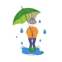 tecknad kanin under ett paraply i regnet. symbol för året 2023. höst. vektor bild. för kalendrar, t-shirts, bilder, banderoller, flygblad, affischer.