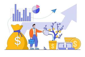 tjäna pengar för att bli rik, öka intäkter och inkomster, tillväxt av investeringsvinster, illustrationer av koncept för finansiell rådgivare eller förmögenhetsförvaltning. affärsman investerare vattna pengar träd med stor pil vektor