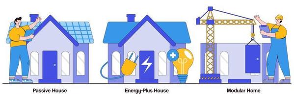 modulärt hem, passivt och energi-plus hus illustrerad förpackning vektor