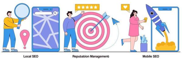 lokal seo, reputation management, mobil seo koncept med människor karaktär. sökmotoroptimeringstjänster abstrakt vektorillustration set. marknadsanalys, metafor för analys av kundfeedback vektor