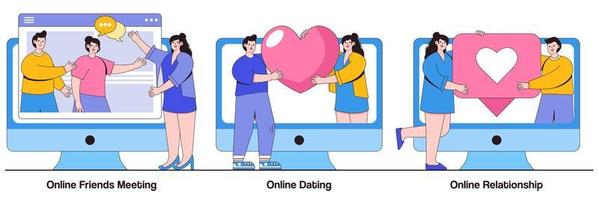 Online-Freundestreffen, Online-Dating und Online-Beziehungskonzept mit winzigen Menschen. freundschaft und kommunikation abstraktes vektorillustrationsset vektor