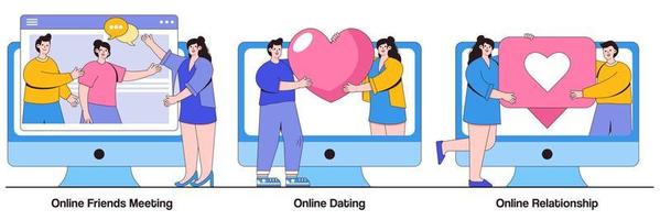 online vänner möte, online dating och online relation koncept med små människor. vänskap och kommunikation abstrakt vektor illustration set