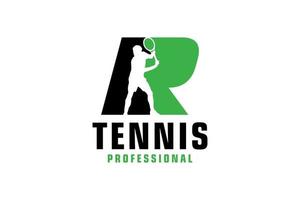 buchstabe r mit tennisspieler-silhouette-logo-design. Vektordesign-Vorlagenelemente für Sportteams oder Corporate Identity. vektor