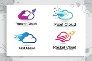 set samling av raketmoln vektorlogotyp med färgglad och enkel stil, illustrationsmoln och raket som en symbolikon för digitalt teknikföretag. vektor