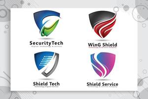 Set-Sammlung von 3D-Schild-Tech-Vektor-Logo-Design mit modernem Konzept, Illustrationssymbol der Cyber-Sicherheit für Softwareunternehmen für digitalen Schutz.