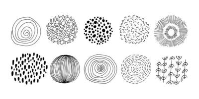 uppsättning av runda abstrakta svarta bakgrunder eller mönster. handritade doodle former. fläckar, droppar, kurvor, linjer. samtida modern trendig vektorillustration. affischer, mallar för ikoner för sociala medier vektor