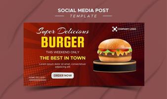 Social-Media-Beitragsvorlage für Burger oder Fast Food. Illustrationsvektor mit realistischem Burger auf Podiumsbrett. vektor