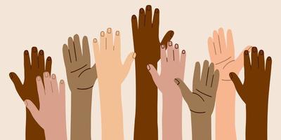 händerna på människor av olika nationaliteter. en enad gemenskap av personer med hudfärg. kulturell och etnisk mångfald. protestera och strejka. kämpar för dina rättigheter. vektor