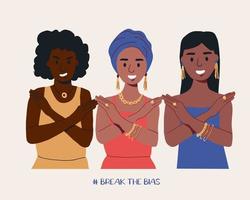 eine Gruppe von Frauen verschiedener Nationalitäten mit gekreuzten Händen. Brechen Sie die Bias-Kampagne. Internationaler Frauentag. Bewegung gegen Diskriminierung und Klischees. vektor