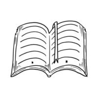 öppen bok med ett bokmärke i handritad doodle stil. vektor skiss ritning bok illustration.
