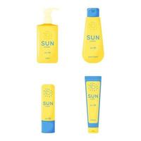 Hautpflegeprodukte. Sonnenschutz, UV-Schutzkollektion. tuben und flaschen mit sonnenschutzmitteln mit spf-creme, lippenstift, spray. Sommerkosmetik. vektor